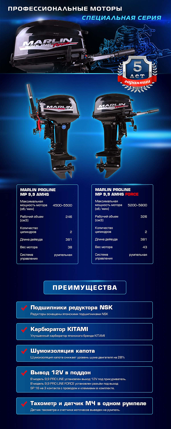Лодочный мотор MARLIN PROLINE MP 9.9 (20) AMHS FORCE в Петропавловске-Камчатском